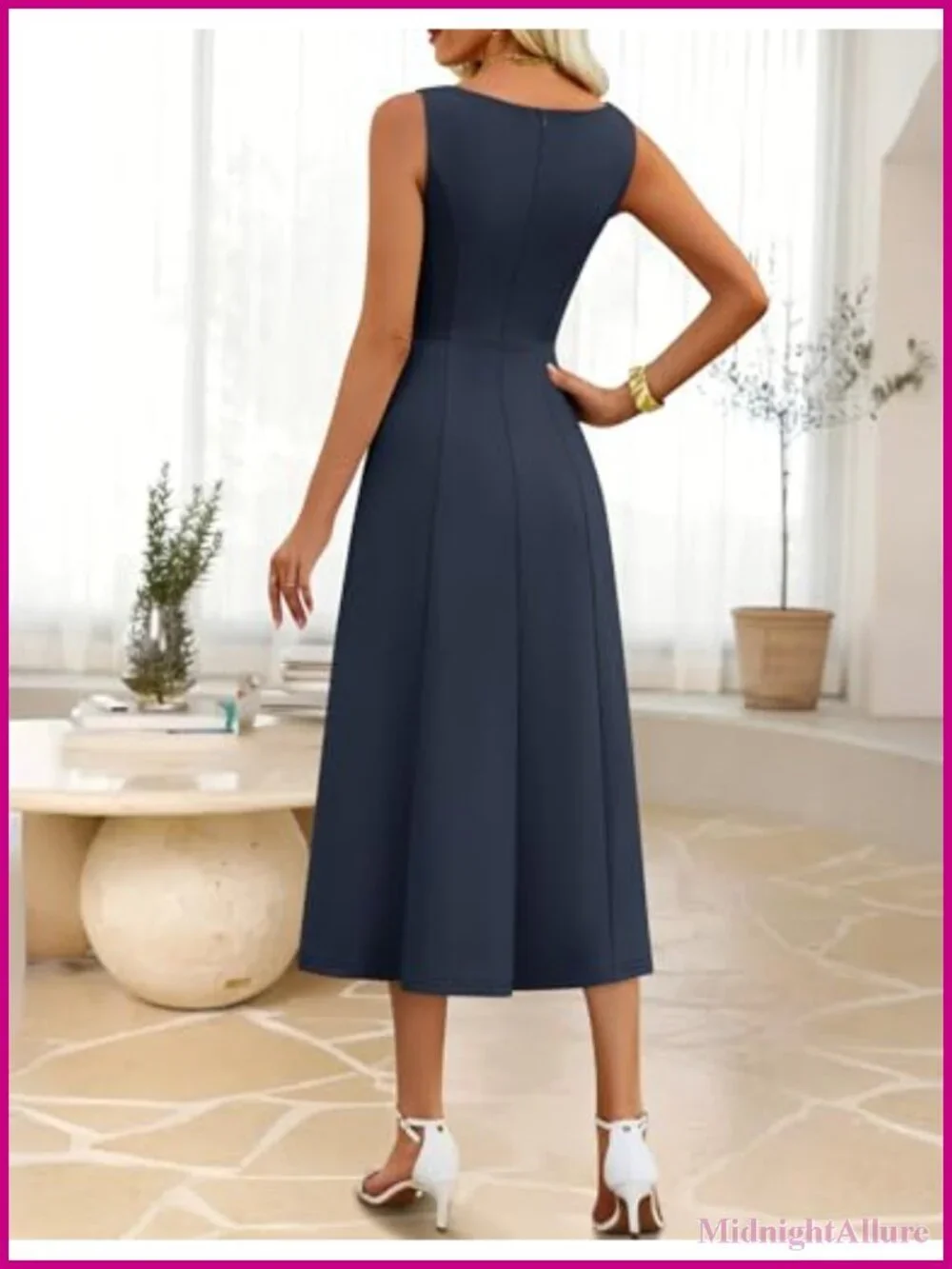 Sleeveless Midi A-Line Dress with Tie Waist, Boat Neck, Side Pockets, Back